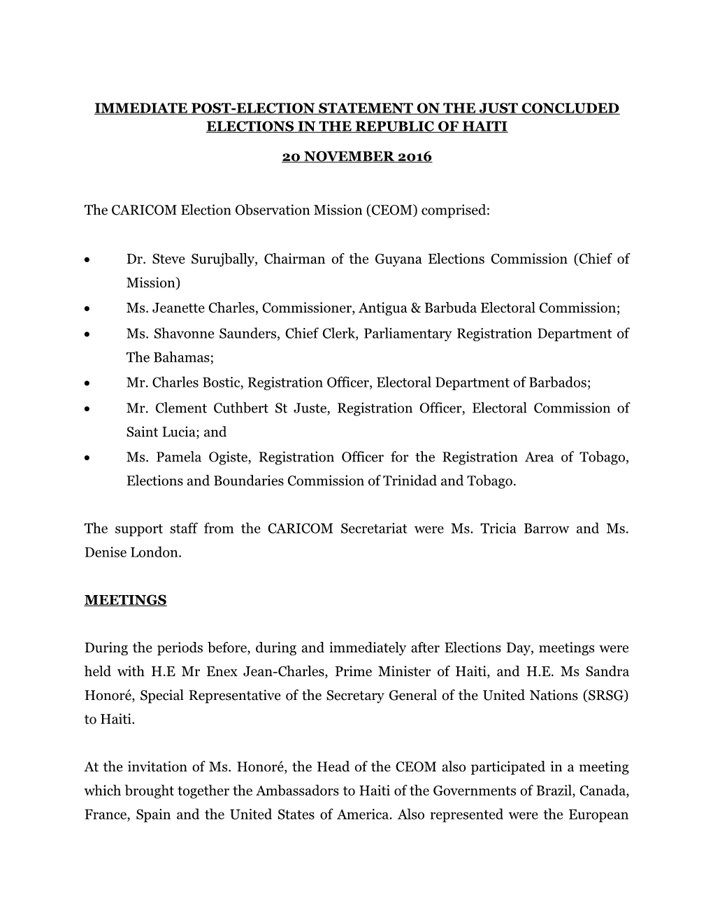 Immediate Post-Election Statement on the Just Concluded Elections in the Republic of Haiti