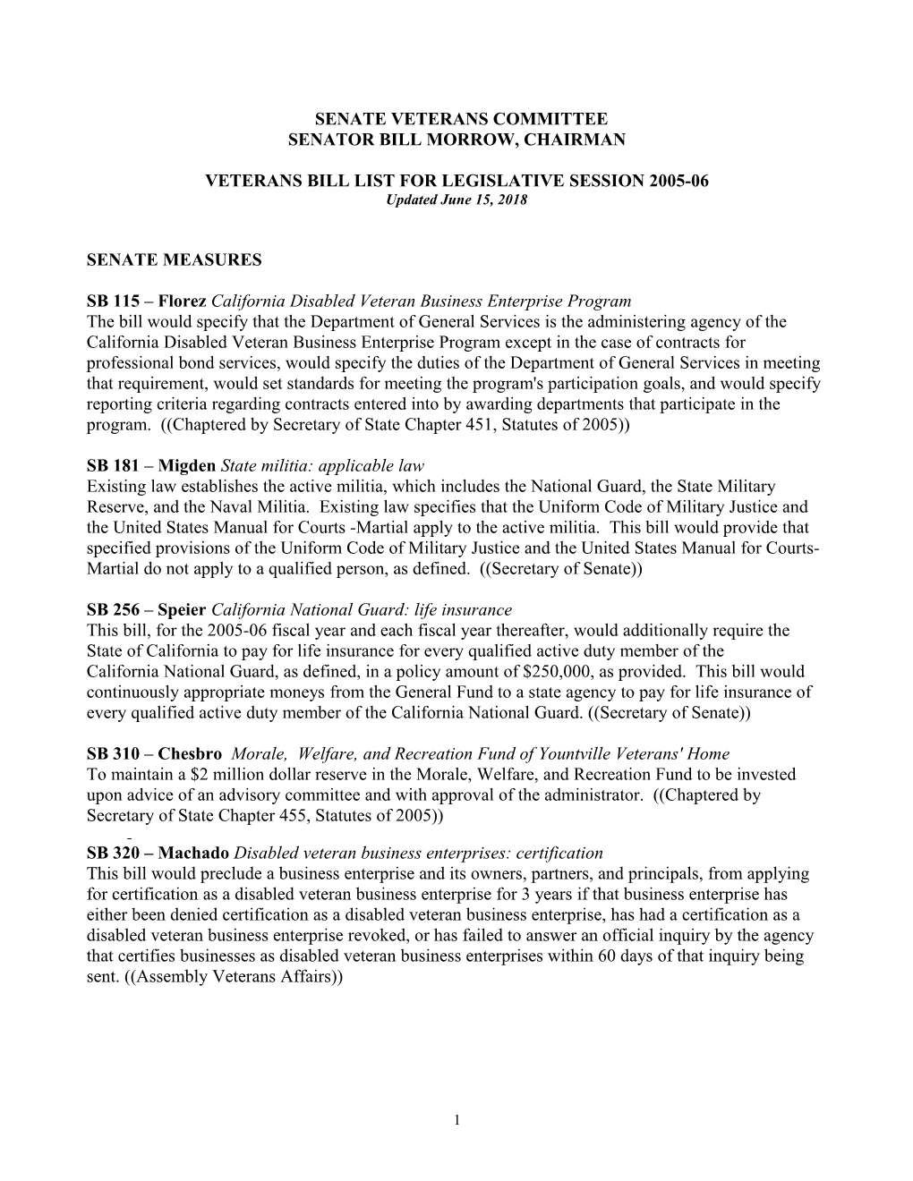 Veterans Bill List for Legislative Session 2003-04