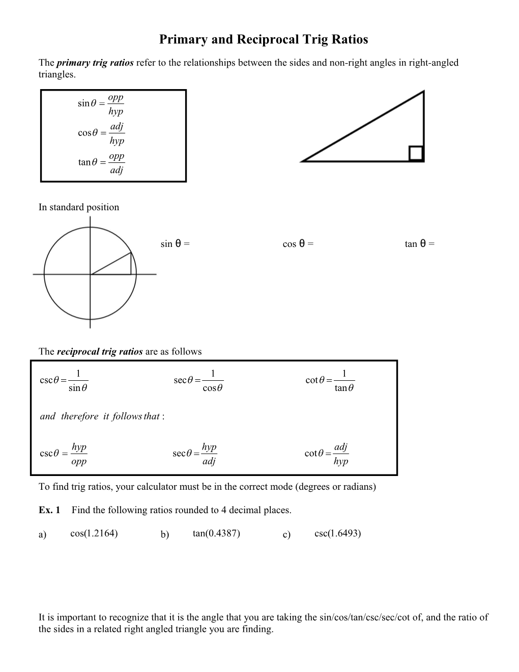 Primary and Reciprocal Trig Ratios