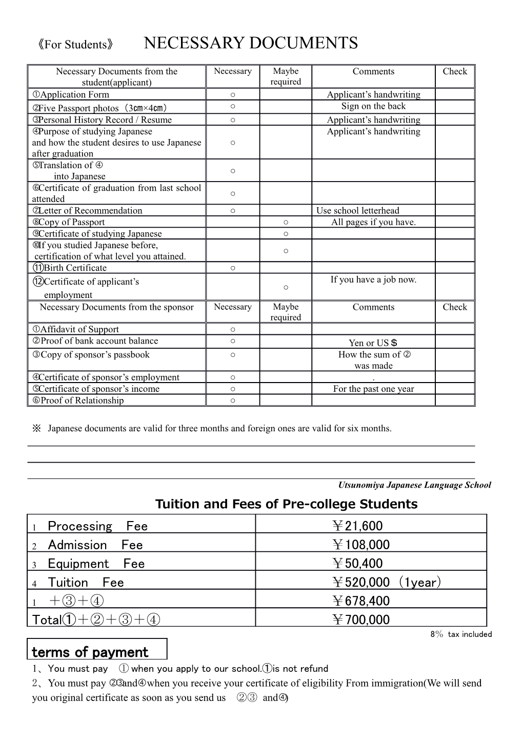 For Students NECESSARY DOCUMENTS