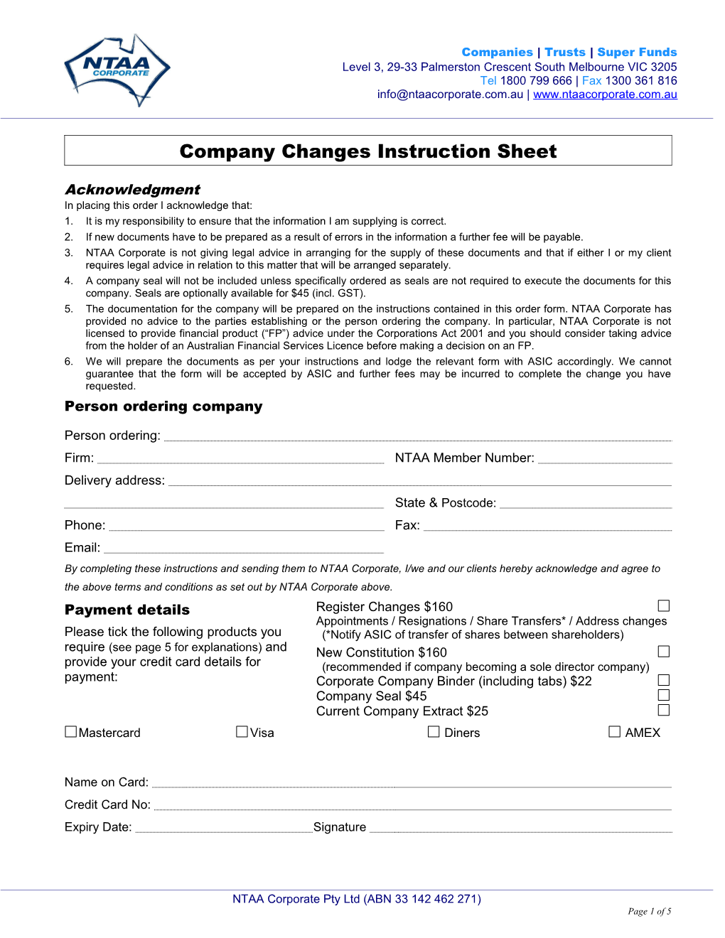 New Proprietary Company Instruction Sheet
