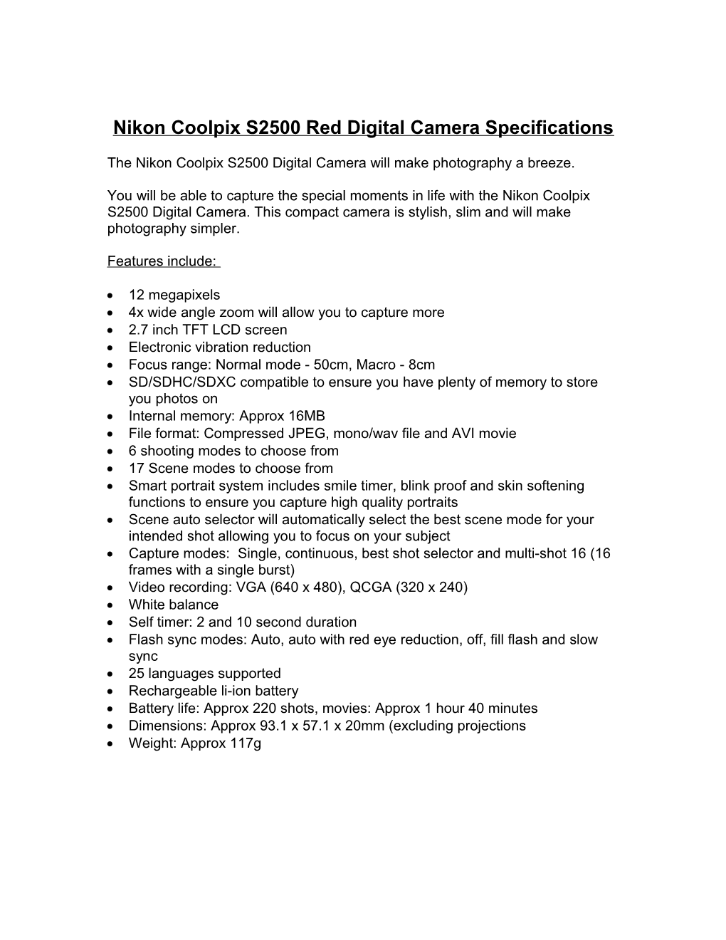 Nikon Coolpix S2500 Digital Camera Specifications