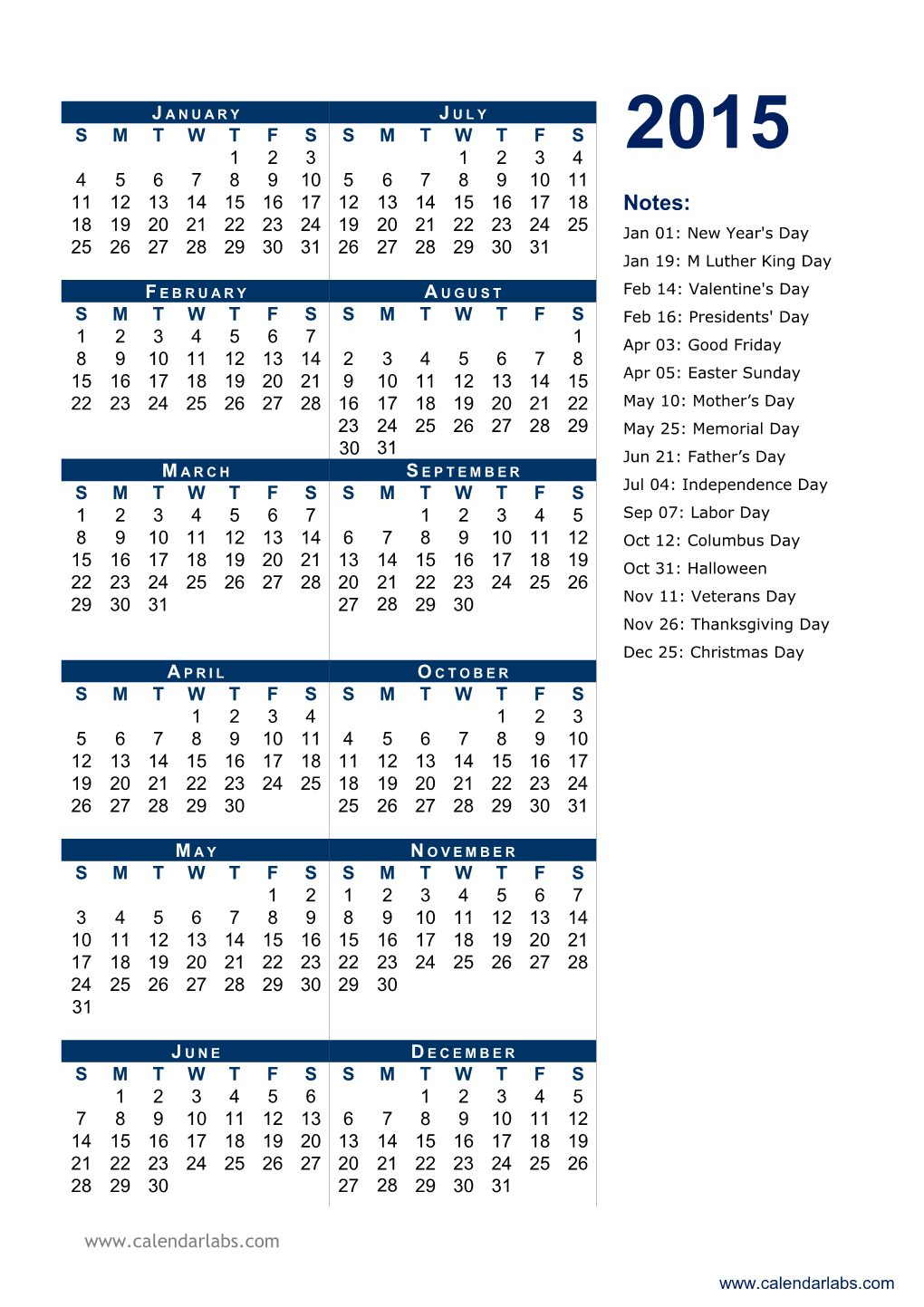 2015 Yearly Calendar - Calendarlabs.Com