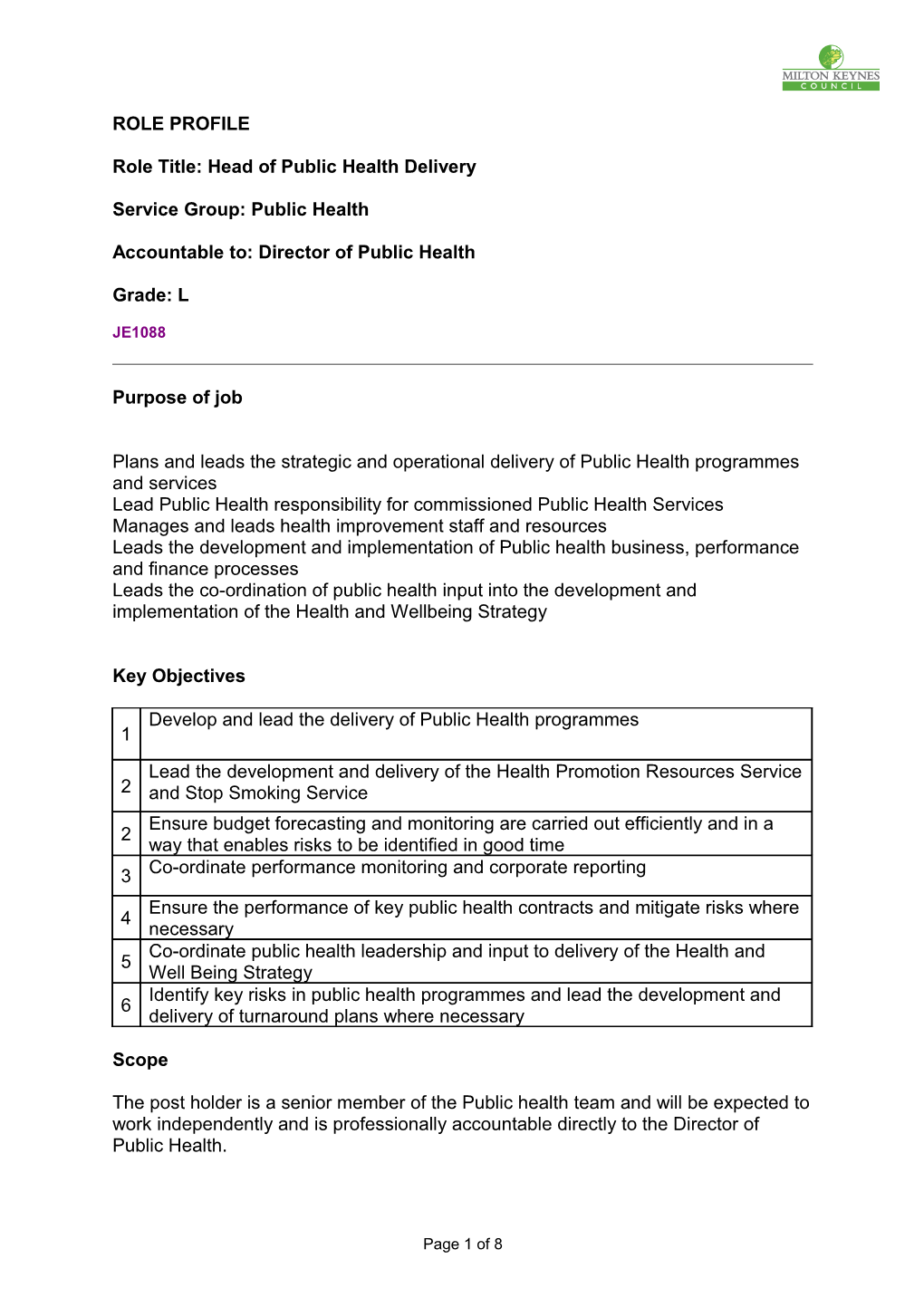 Role Title: Head of Public Health Delivery