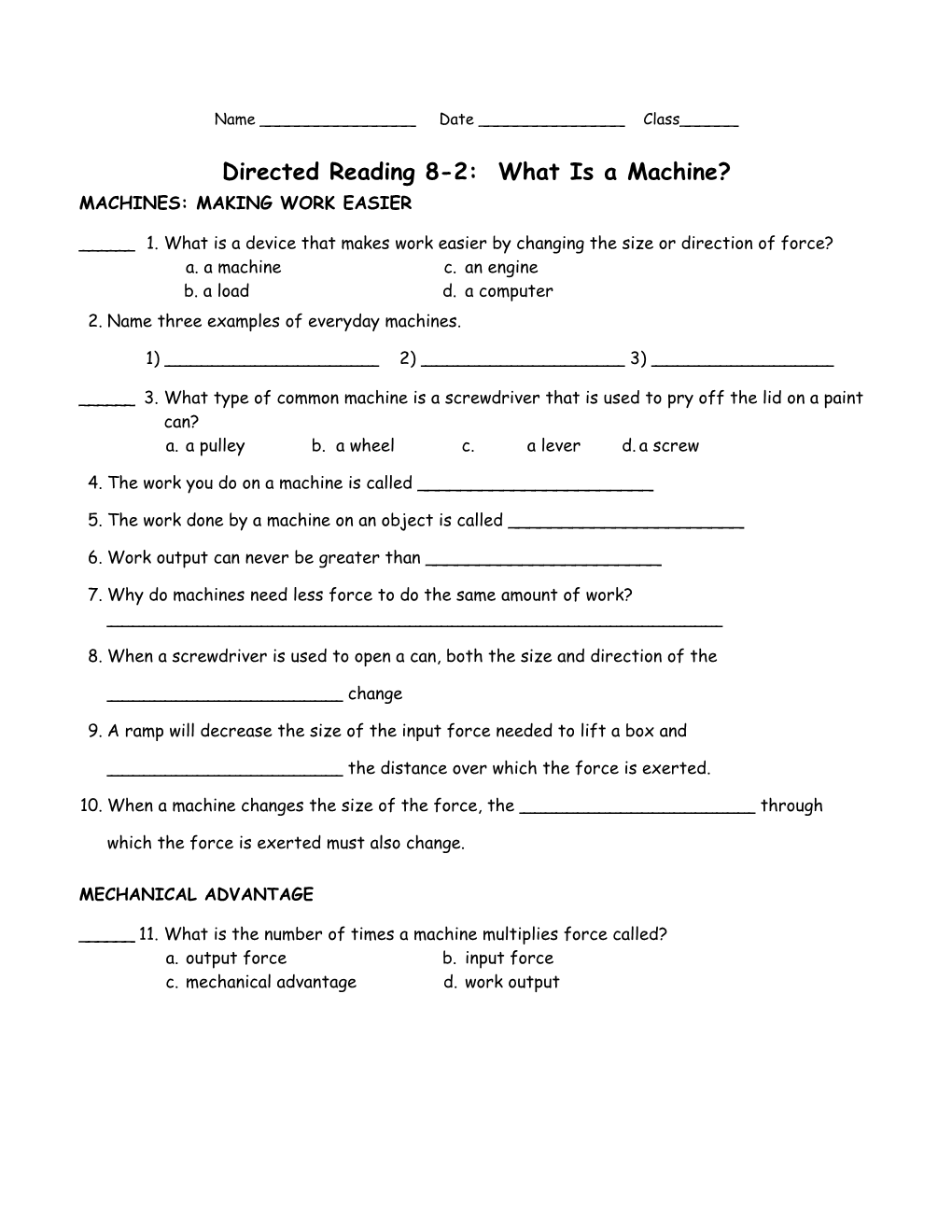 Directed Reading 8-2: What Is a Machine?