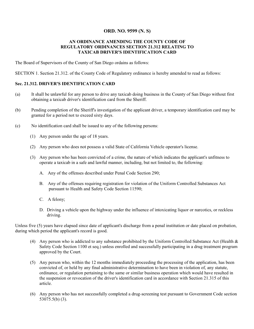 An Ordinance Amending the County Code Of