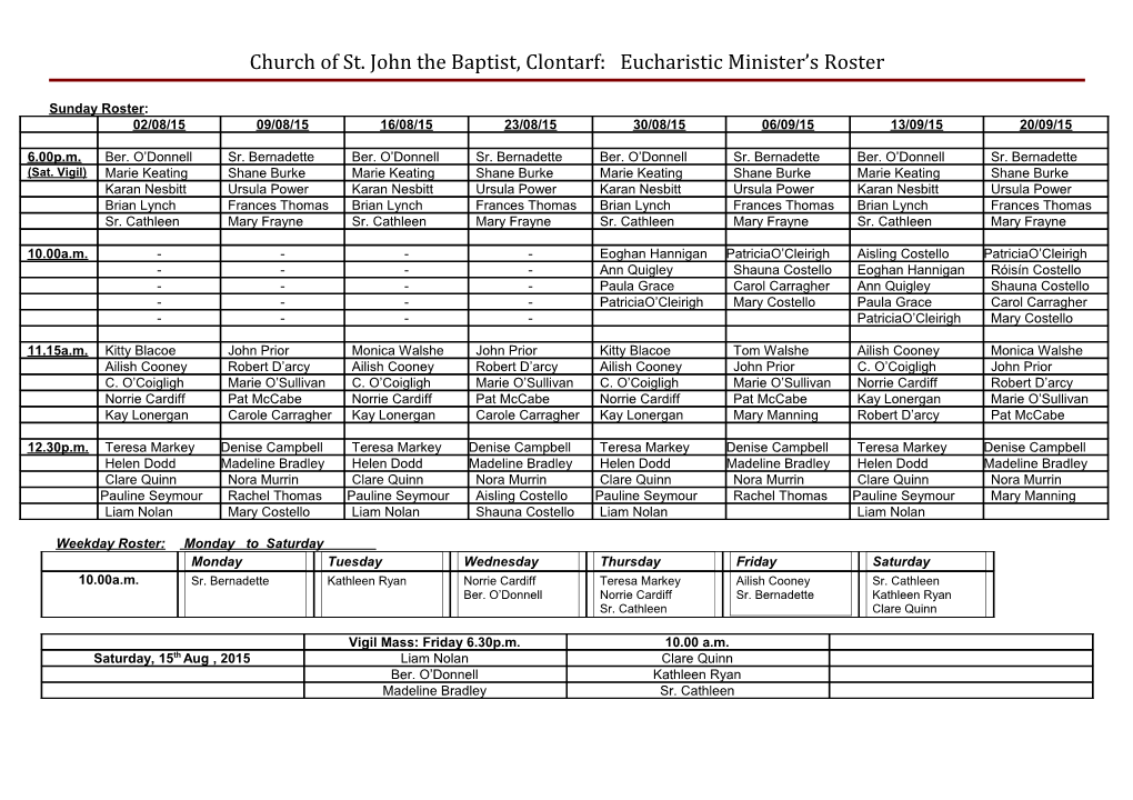 Church of St. John the Baptist, Clontarf: Eucharistic Minister S Roster