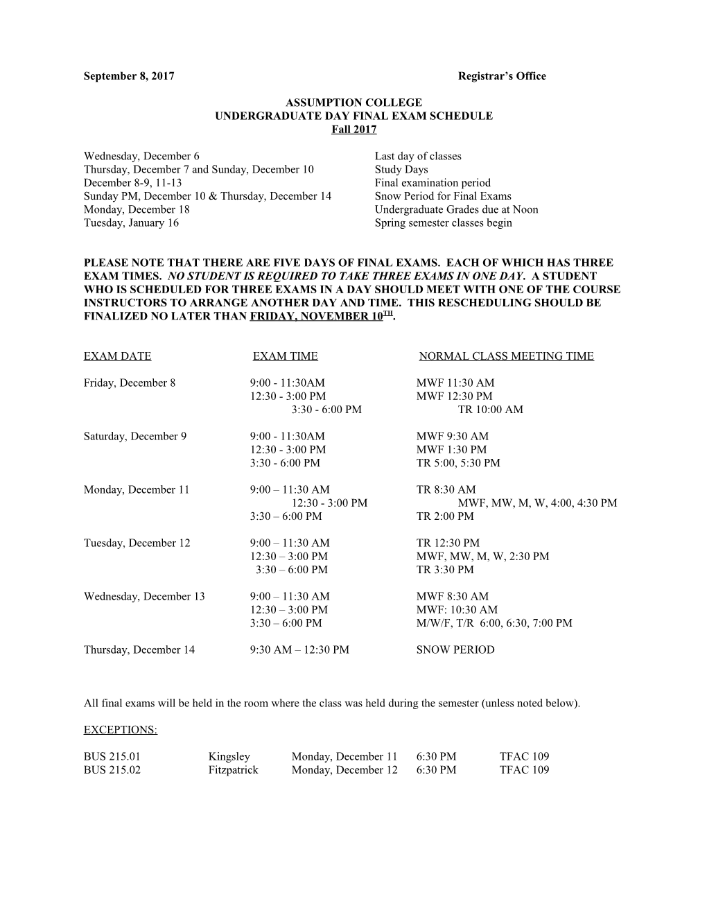 Undergraduate Day Final Exam Schedule