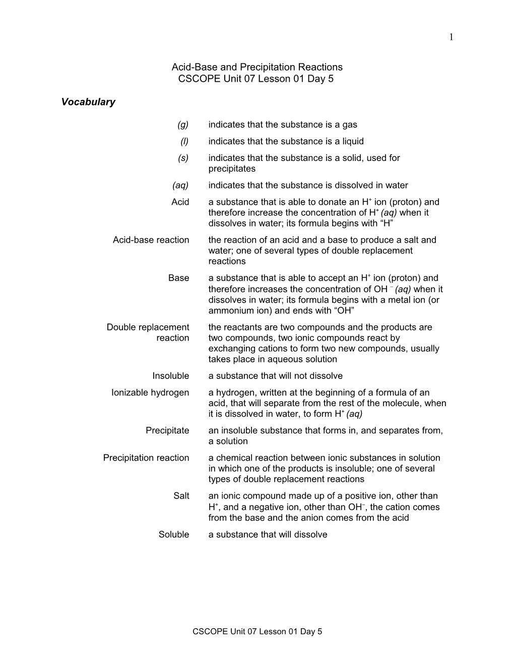 Unit 07 LS 01 Day 5 Acid-Base and Precip