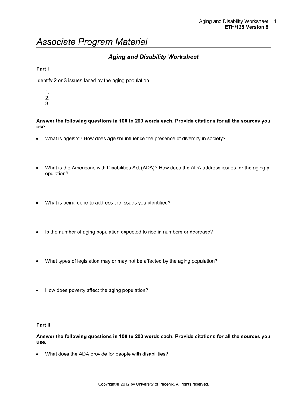 Aging and Disability Worksheet