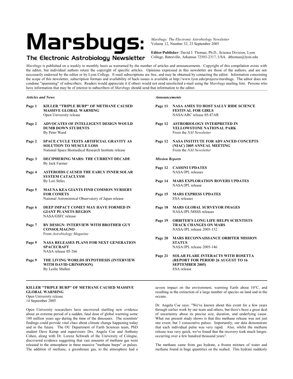 Marsbugs: the Electronic Astrobiology Newsletter , Volume 12, Number 32, 23 September 2005