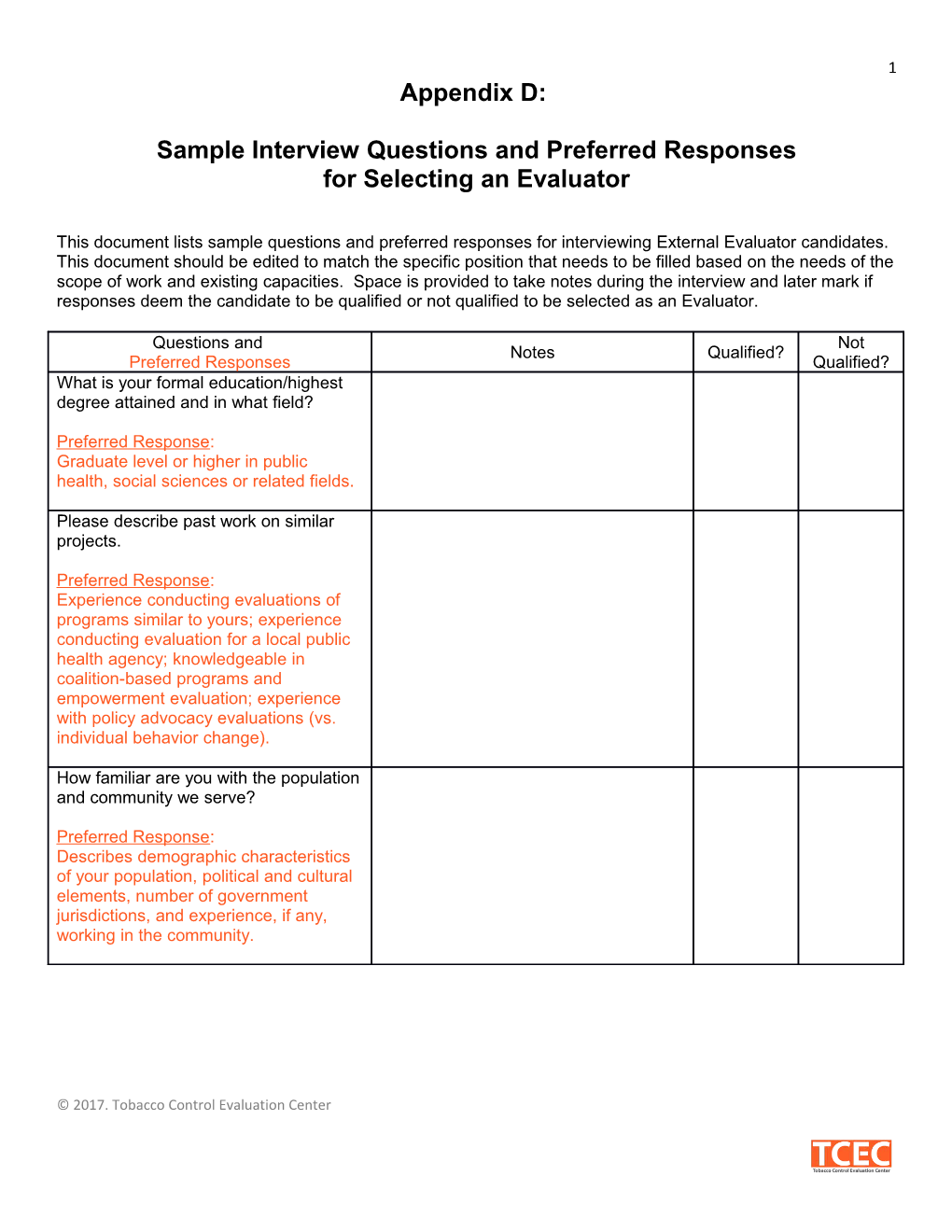 Sample Interview Questions and Preferred Responses