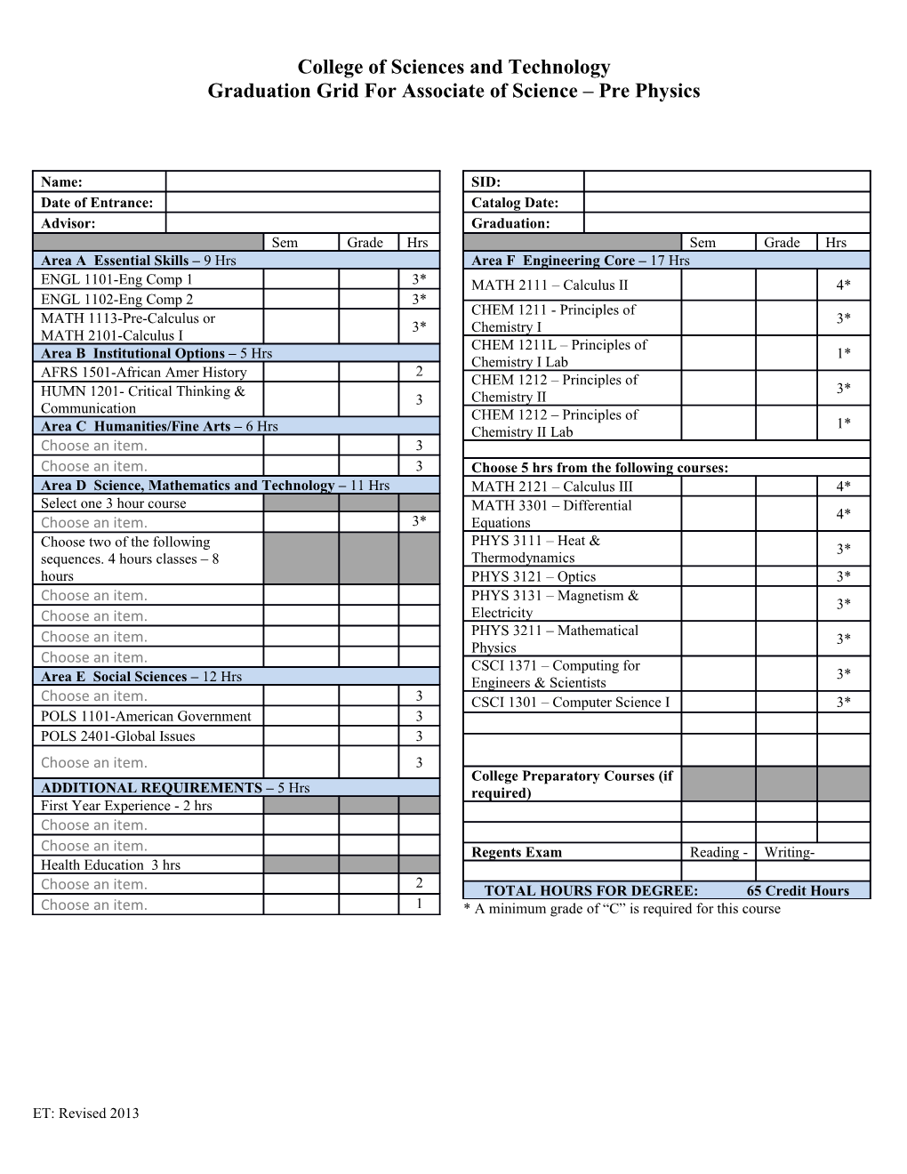 Graduation Grid for Associate of Science Pre Physics