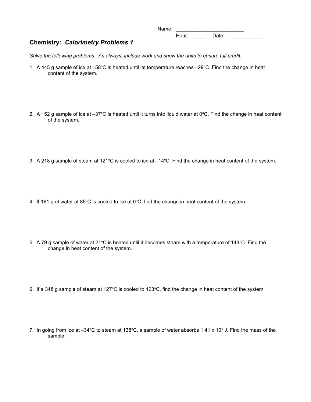 Chemistry: Calorimetry Problems 1