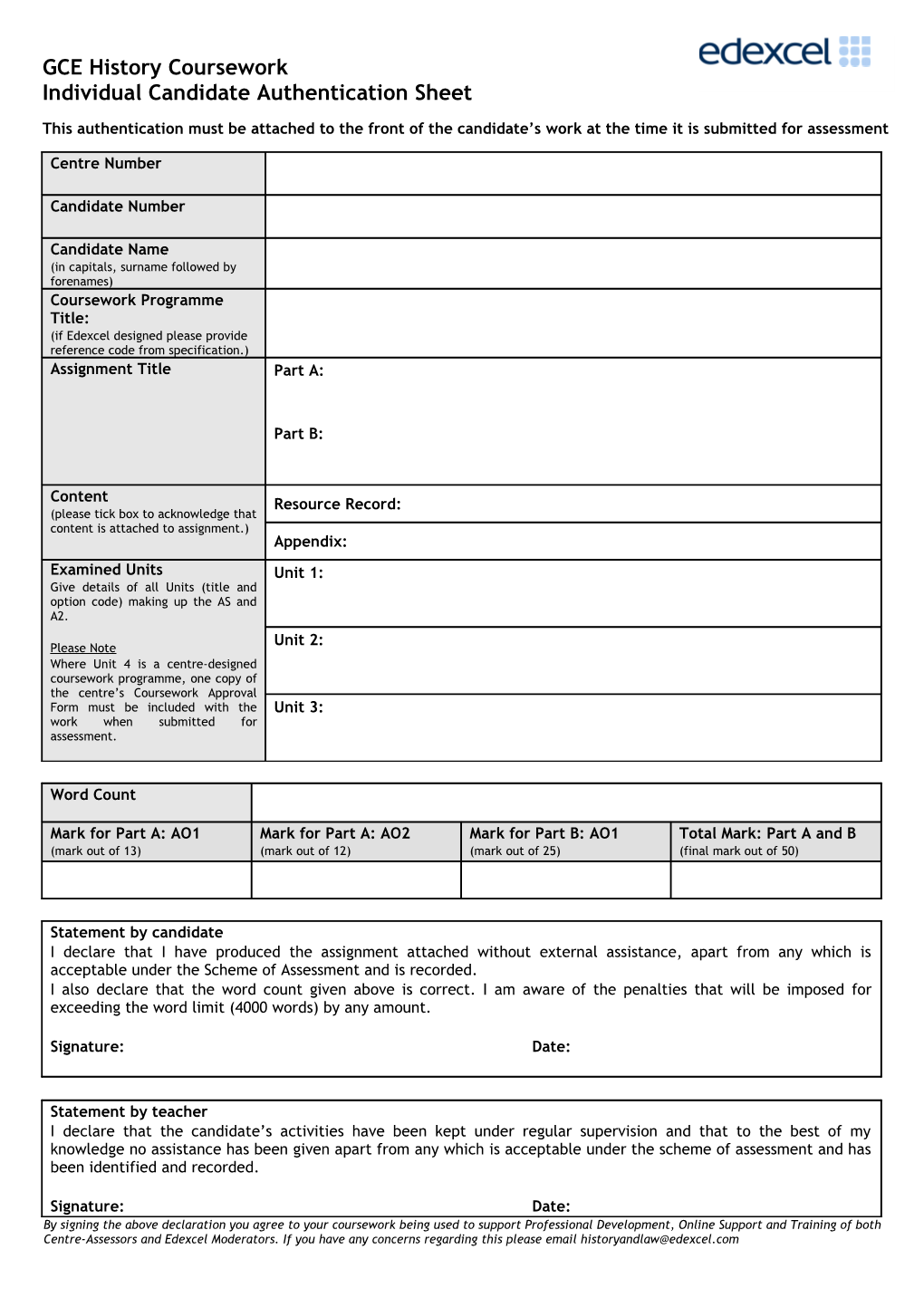 Coursework Mark and Authentication Sheet