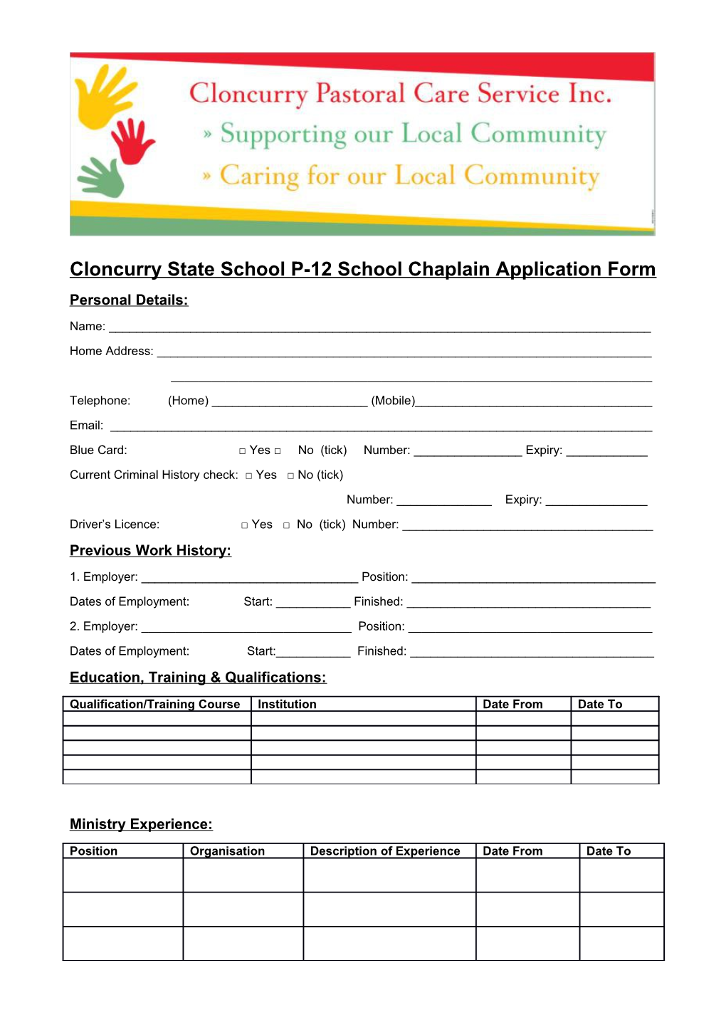Cloncurry State School P-12 School Chaplain Application Form