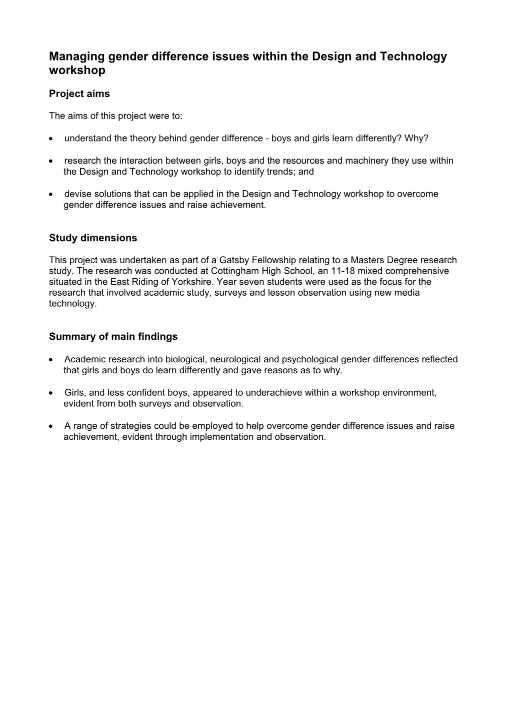 Managing Gender Difference Issues Within the Design and Technology Workshop