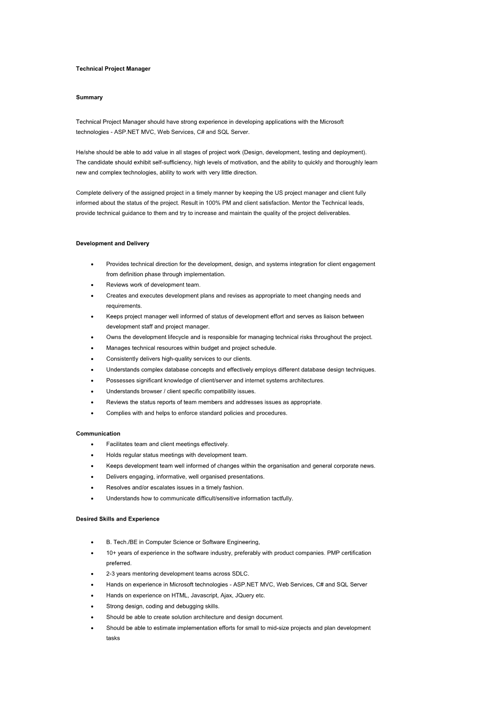 Technical Manager Job Description