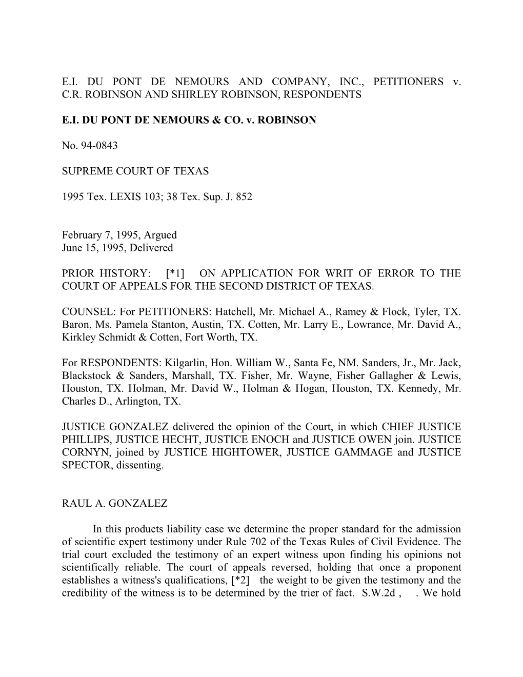 E.I. DU PONT DE NEMOURS and COMPANY, INC., PETITIONERS V. C.R. ROBINSON and SHIRLEY ROBINSON