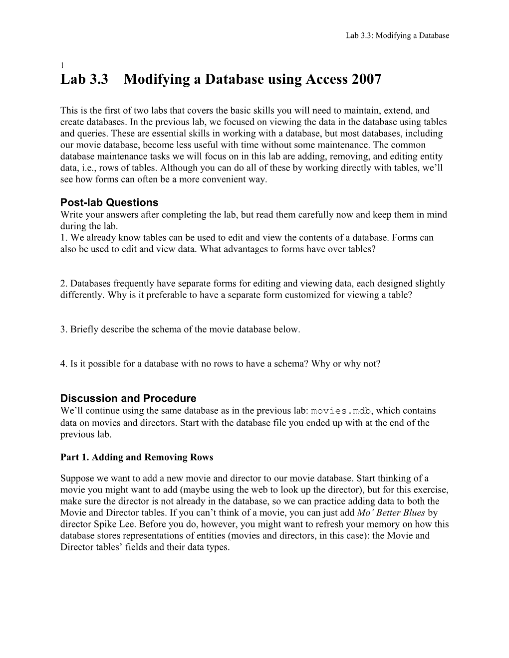 Lab 3.3 Modifying a Database Using Access 2007