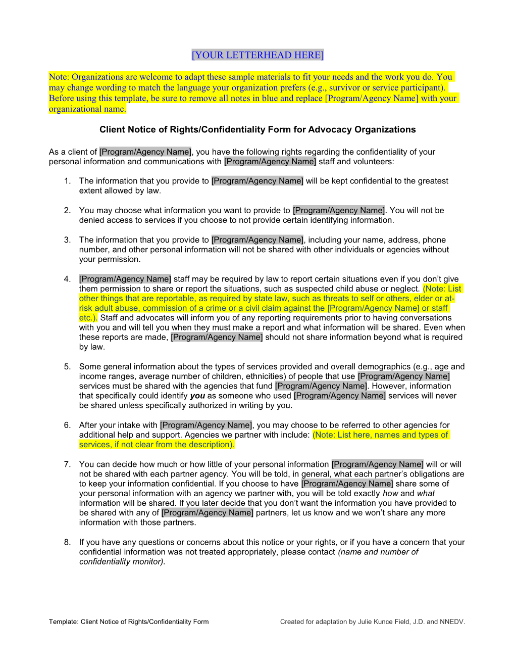Template: Client Notice of Rights Form/Confidentiality