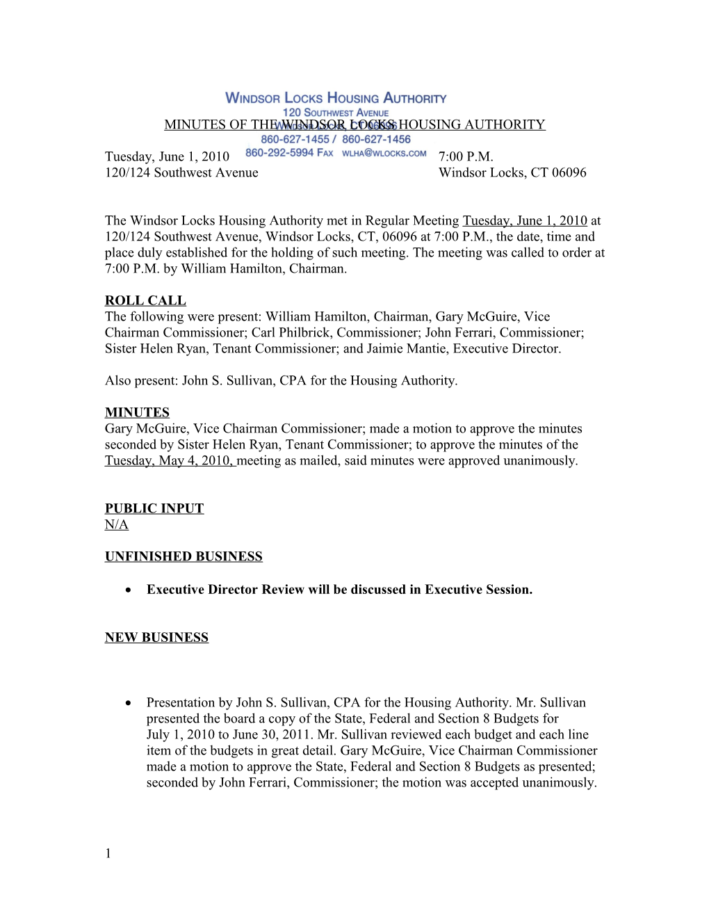 Minutes of the Windsor Locks Housing Authority s1