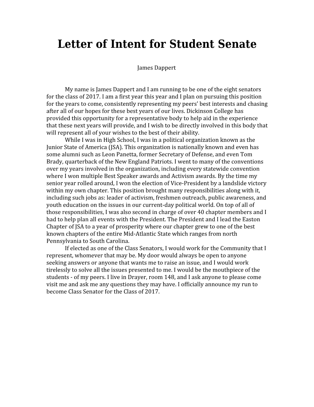 Letter of Intent for Student Senate
