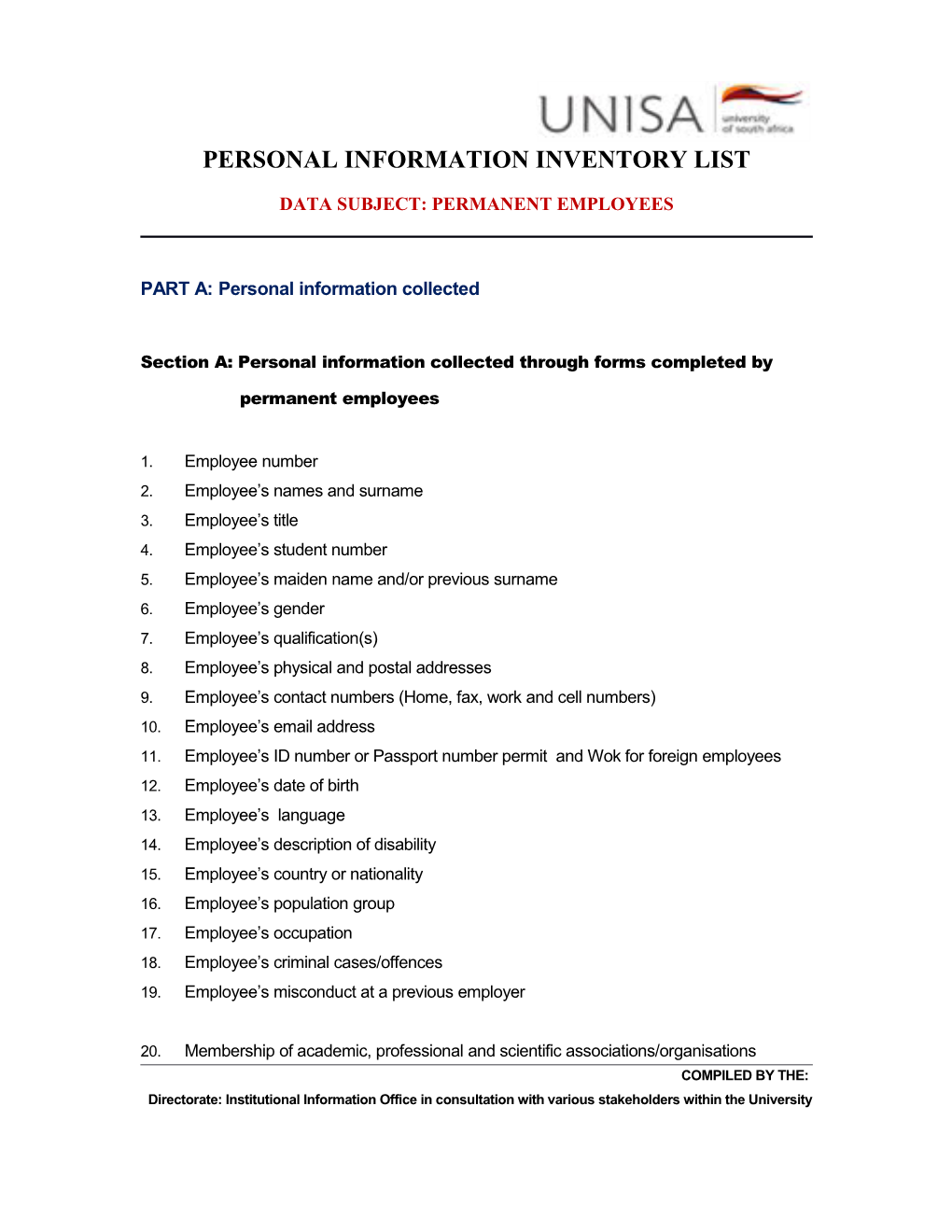Personal Information Inventory List