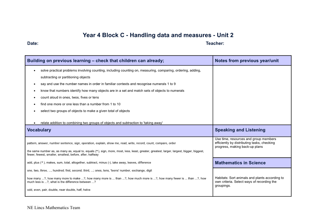 Year 1 Block a - Counting, Partitioning and Calculating - Unit 1