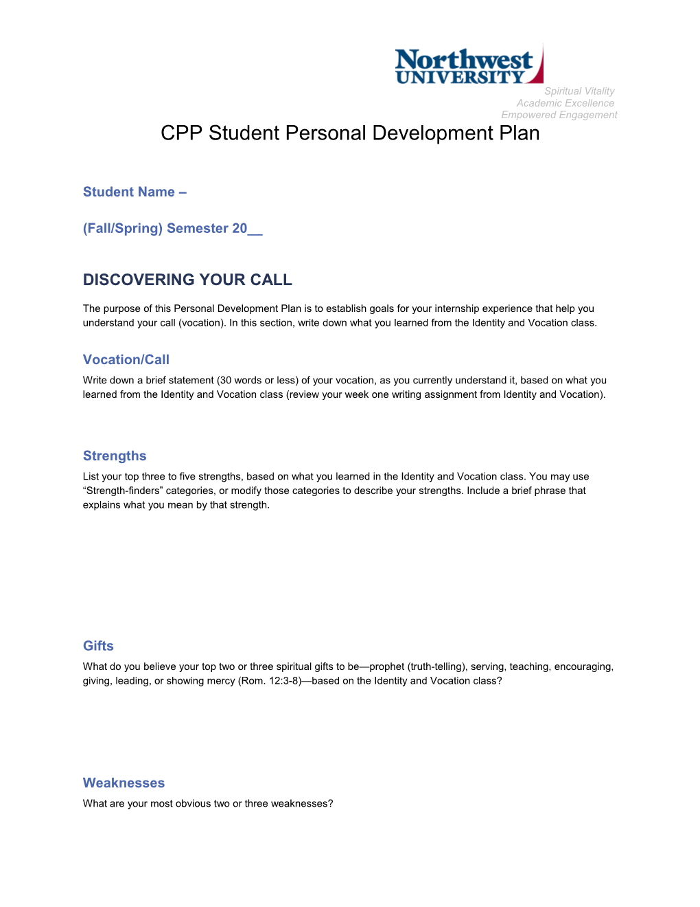 CPP Student Personal Development Plan