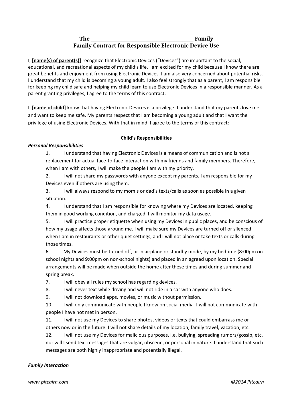 Family Contract for Responsible Electronic Device Use