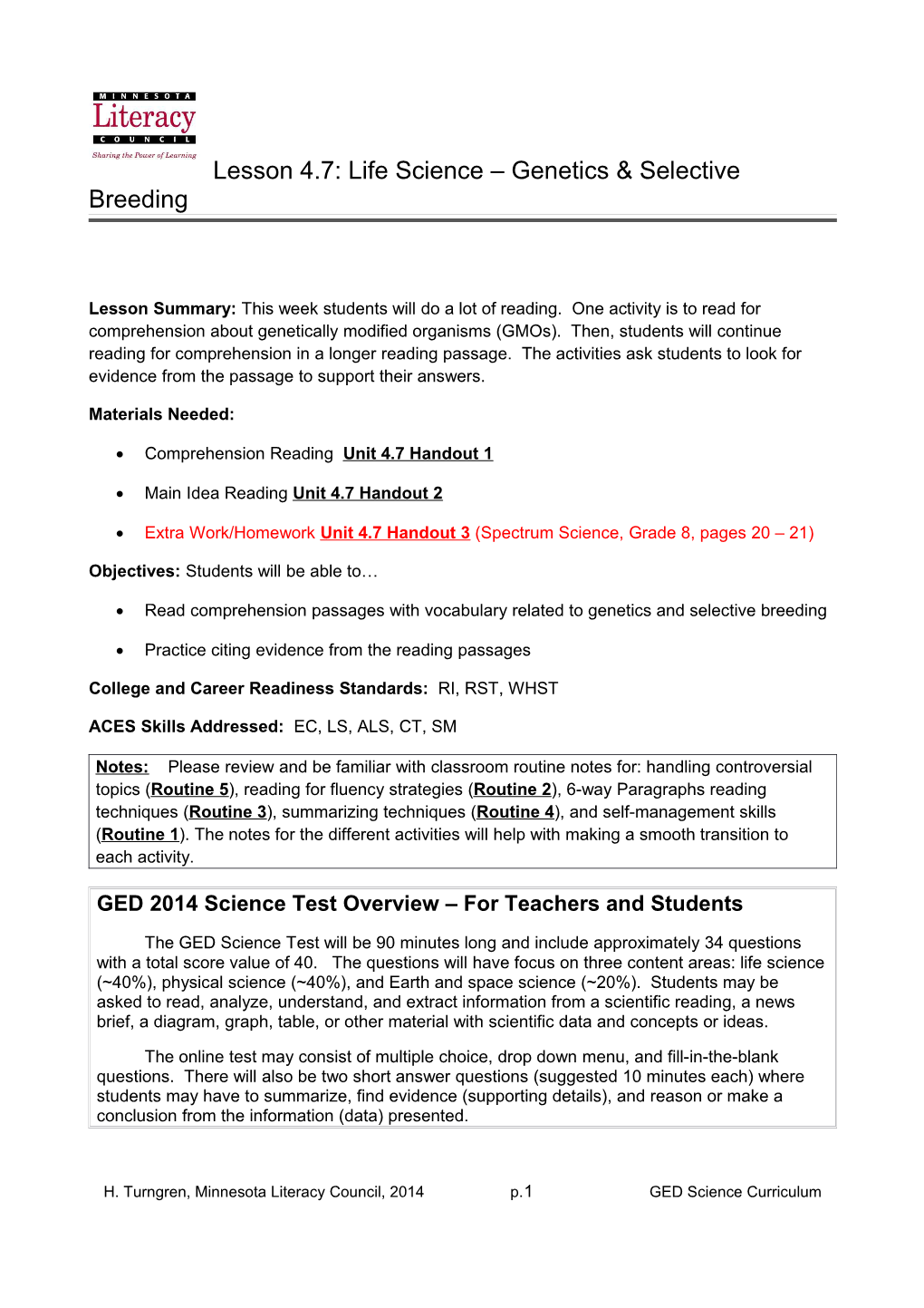 Comprehension Reading Unit 4.7 Handout 1