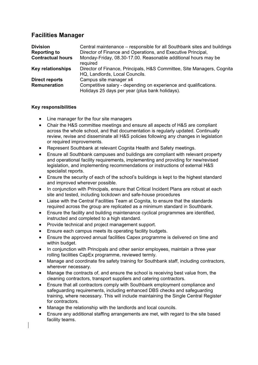 Southbank International School Job Description: Facilities Manager