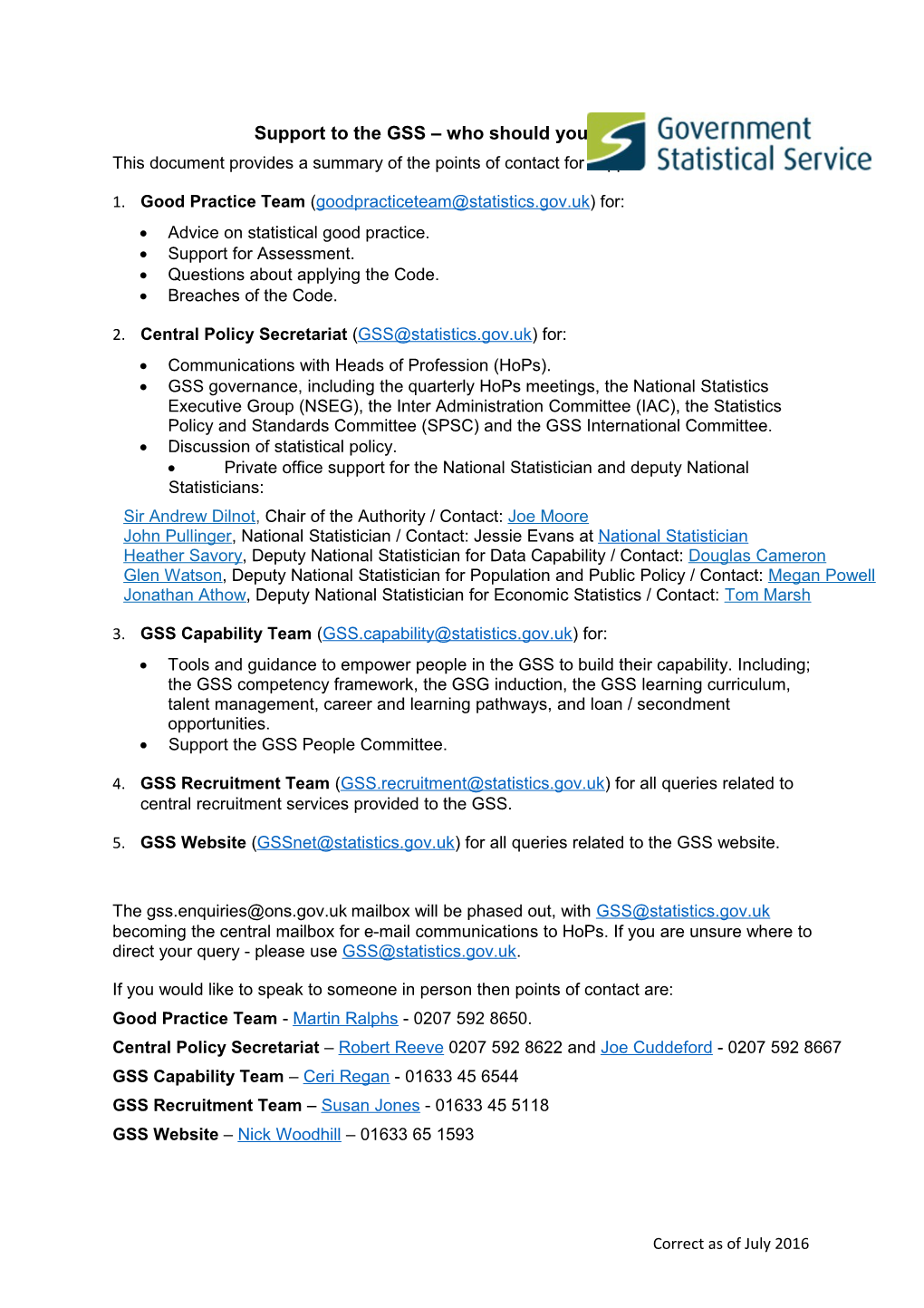 This Document Provides a Summary of the Points of Contact for Support to the GSS