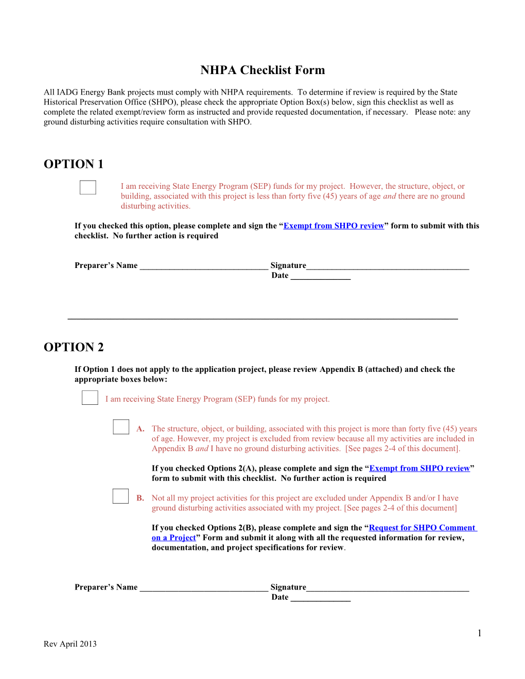 NHPA Checklist Form