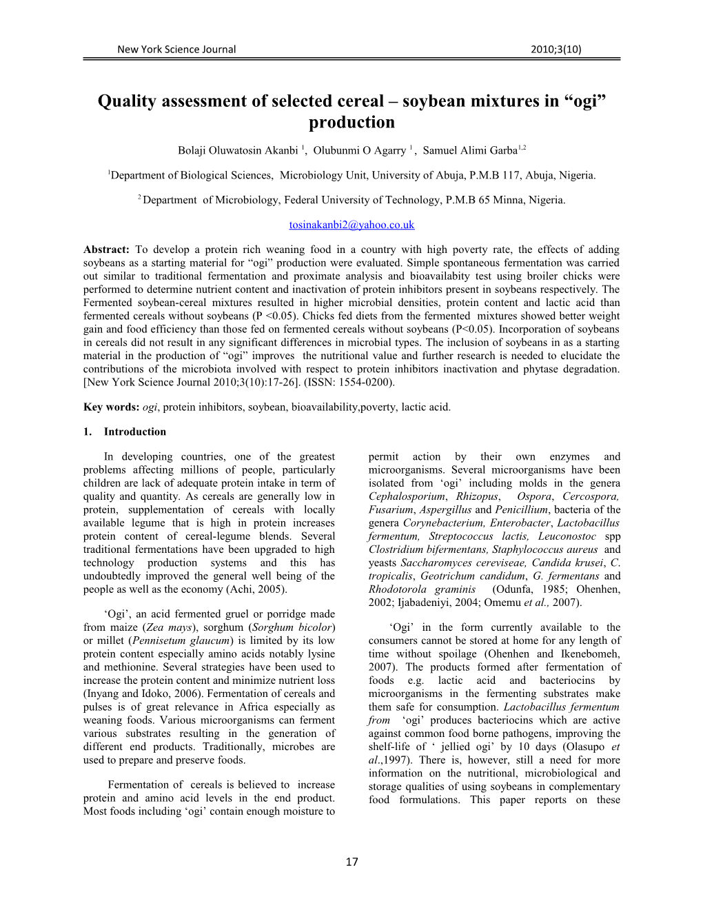 Quality Assessment of Selected Cereal Soybean Mixtures in Ogi Production