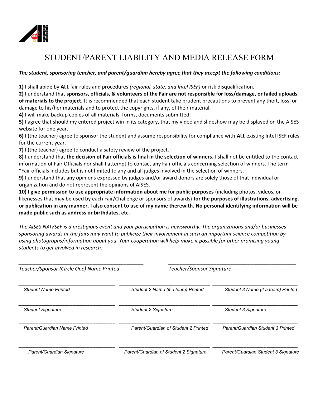Student/Parent Liability and Media Release Form