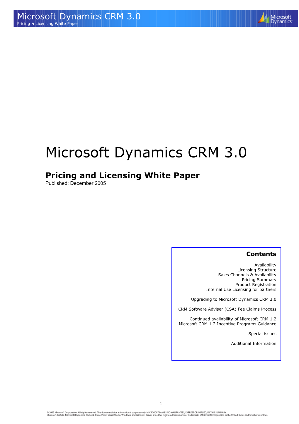 Microsoft Dynamics CRM 3.0 Pricing & Licensing