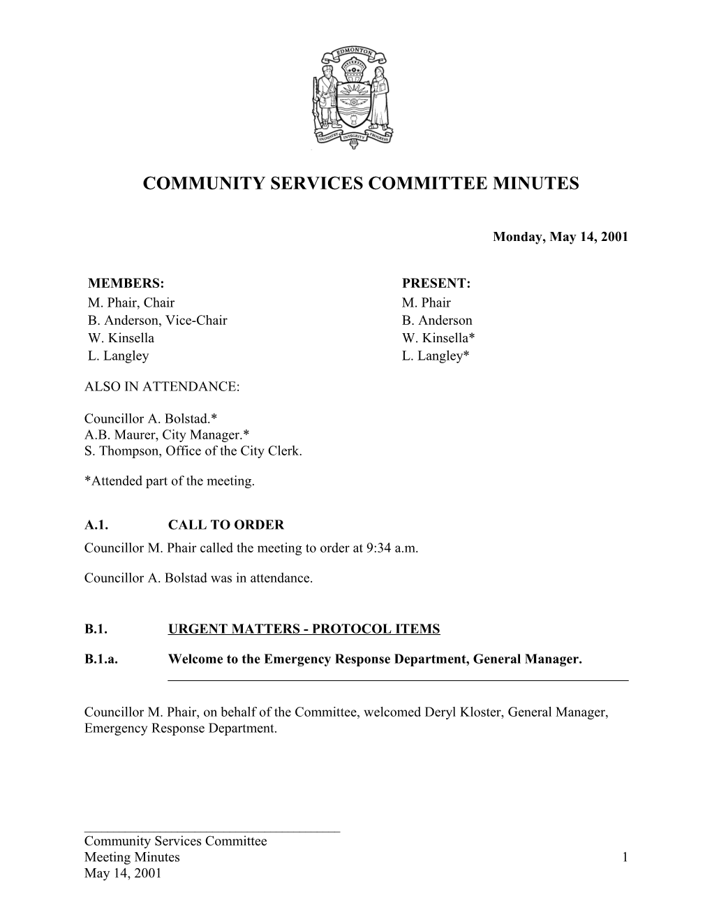 Minutes for Community Services Committee May 14, 2001 Meeting