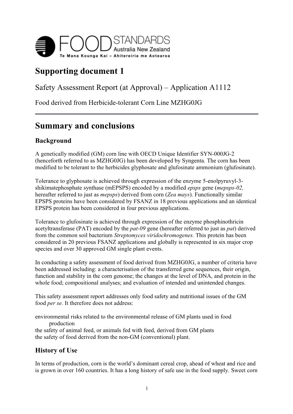 Safety Assessment Report (At Approval) Application A1112