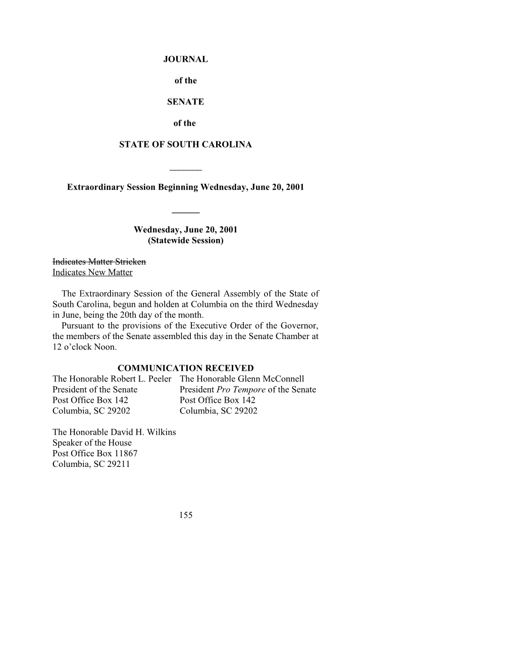 Senate Journal for June 20, 2001 - South Carolina Legislature Online