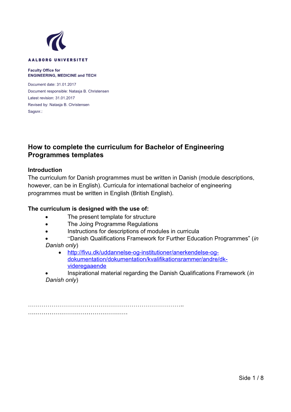 How to Complete the Curriculum for Bachelor of Engineering Programmes Templates