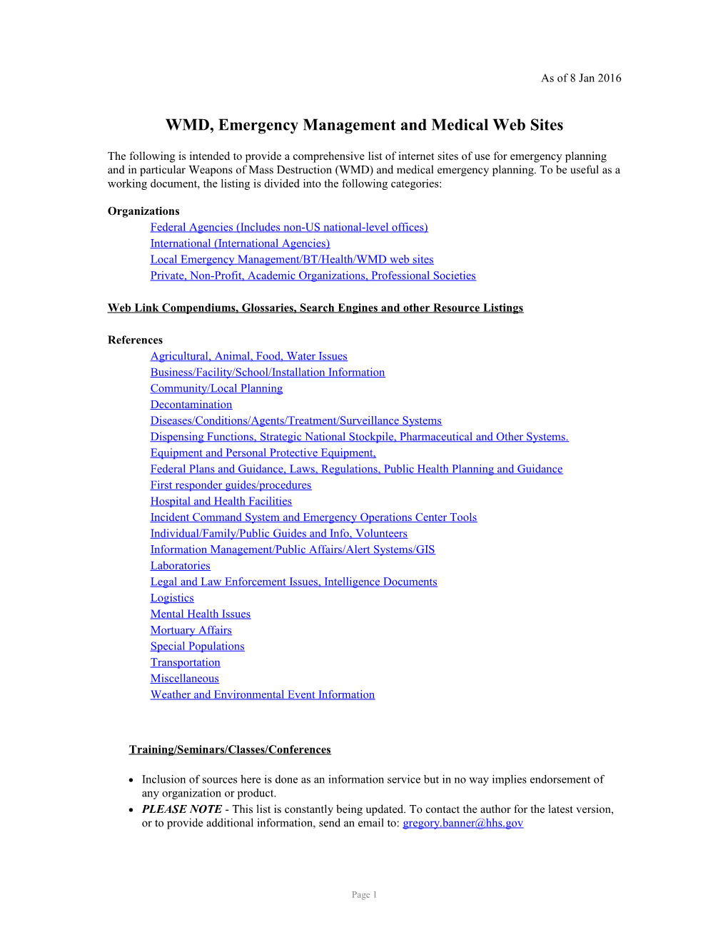 WMD, Emergency Management and Medical Websites