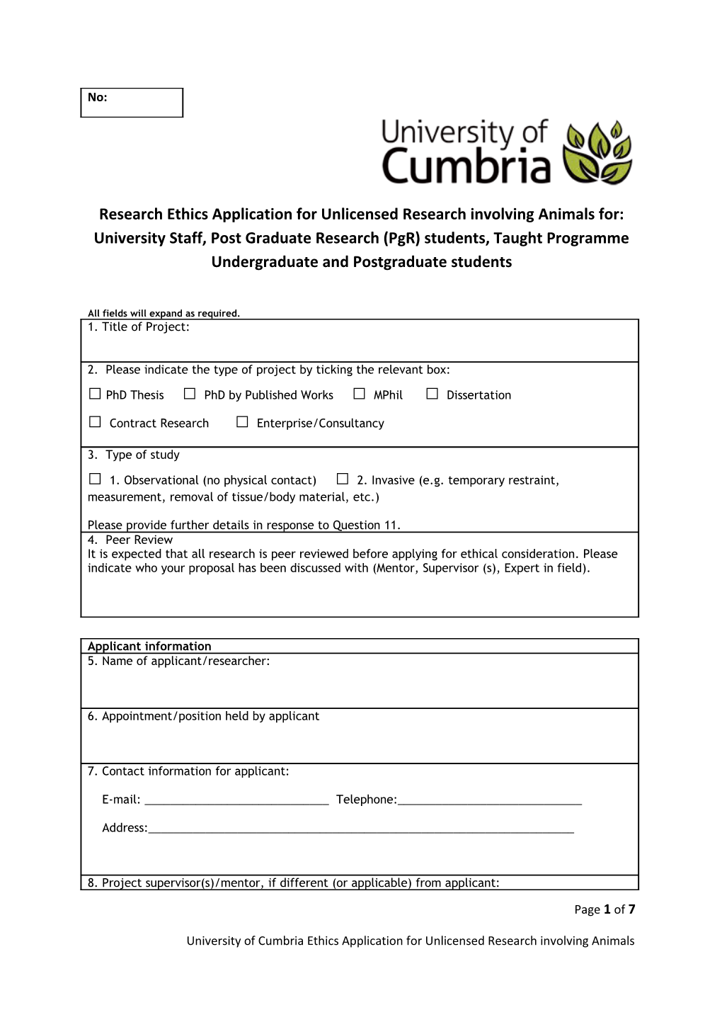 Research Ethics Application Form E4 Animals