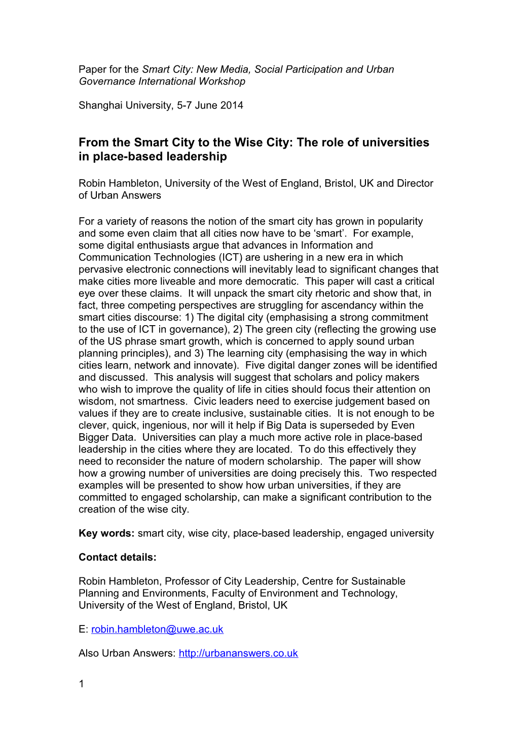From the Smart City to the Wise City: the Role of Universities in Place-Based Leadership