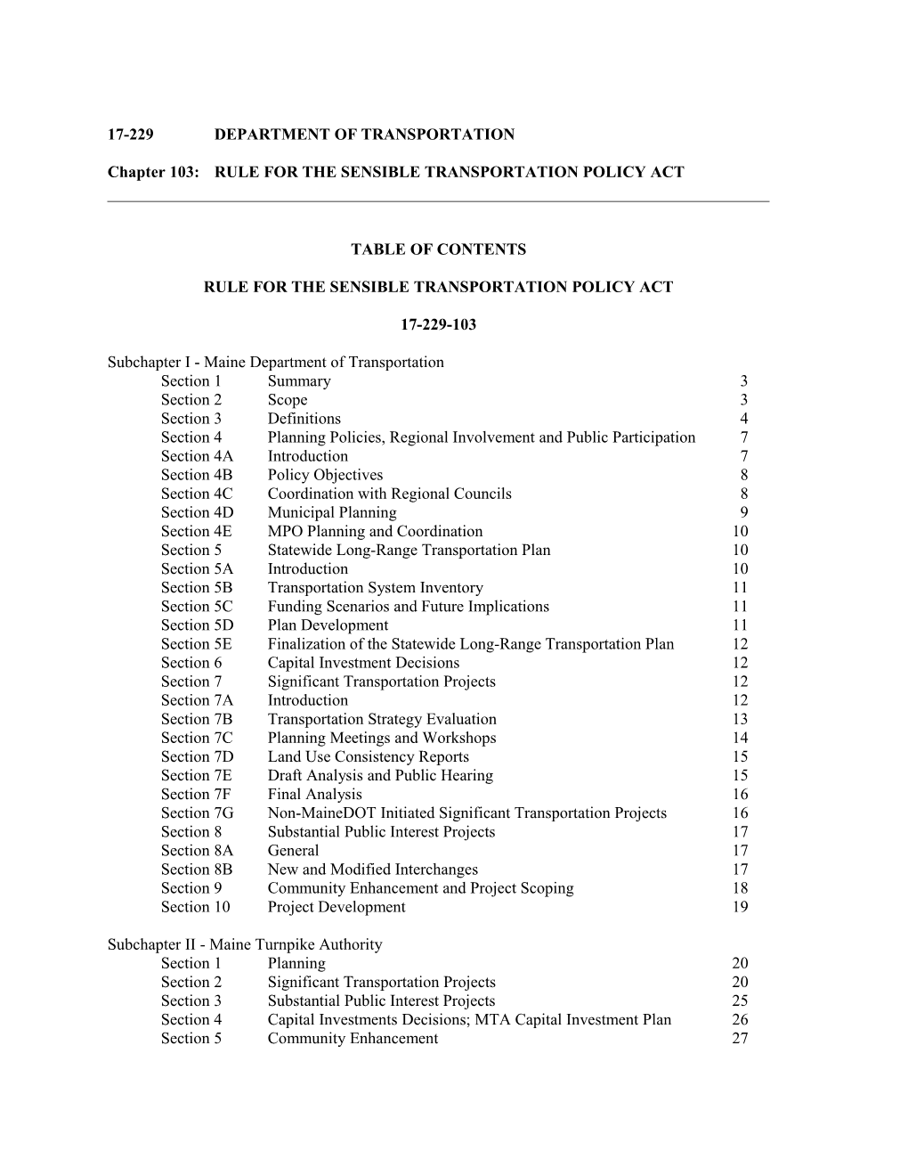 Chapter 103: RULE for the SENSIBLE TRANSPORTATION POLICY ACT