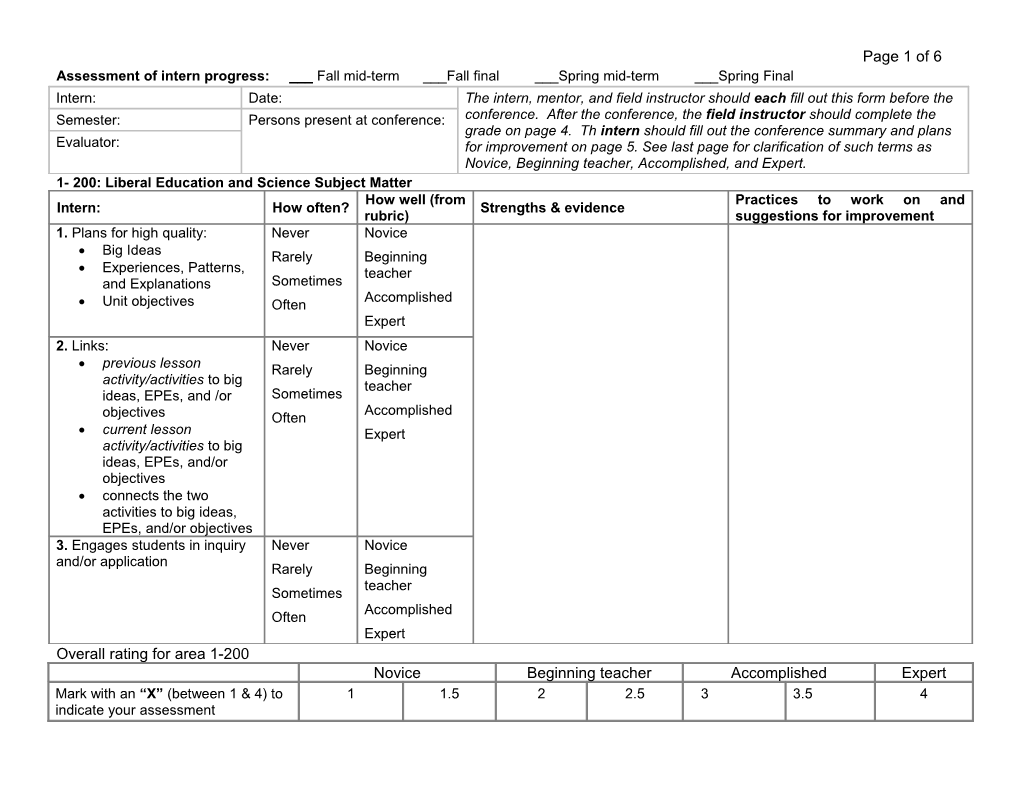 Assessment of Intern Progress: ___ Fall Mid-Term ___Fall Final ___Spring Mid-Term ___Spring