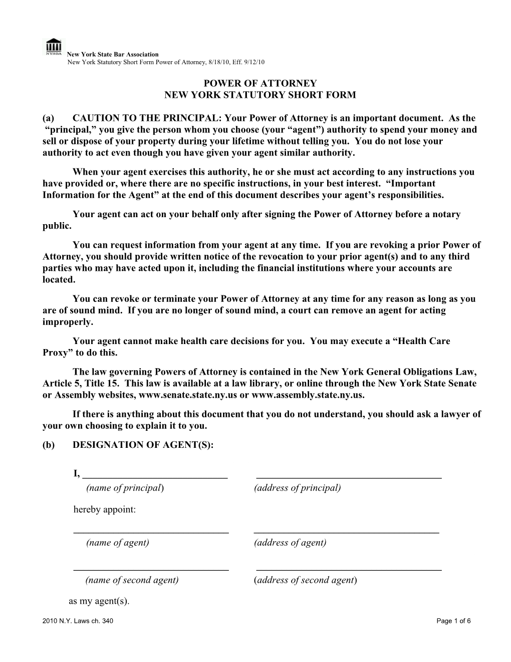 New York Statutory Short Form Power of Attorney, 8/18/10, Eff. 9/12/10