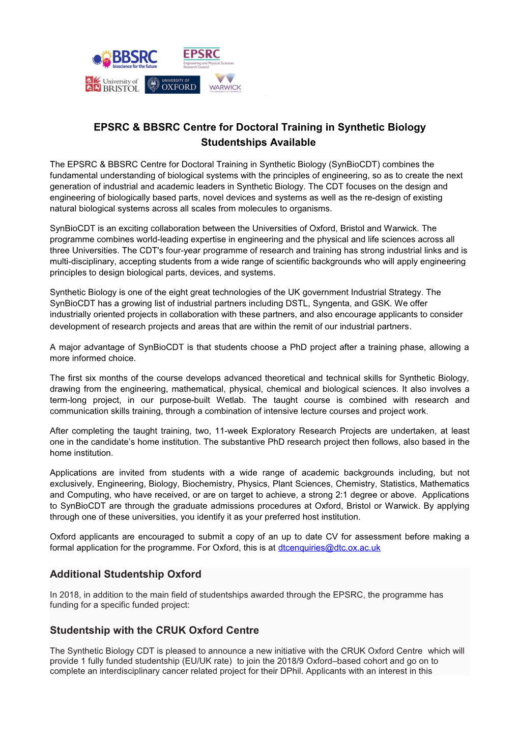 EPSRC & BBSRC Centre for Doctoral Training in Synthetic Biology