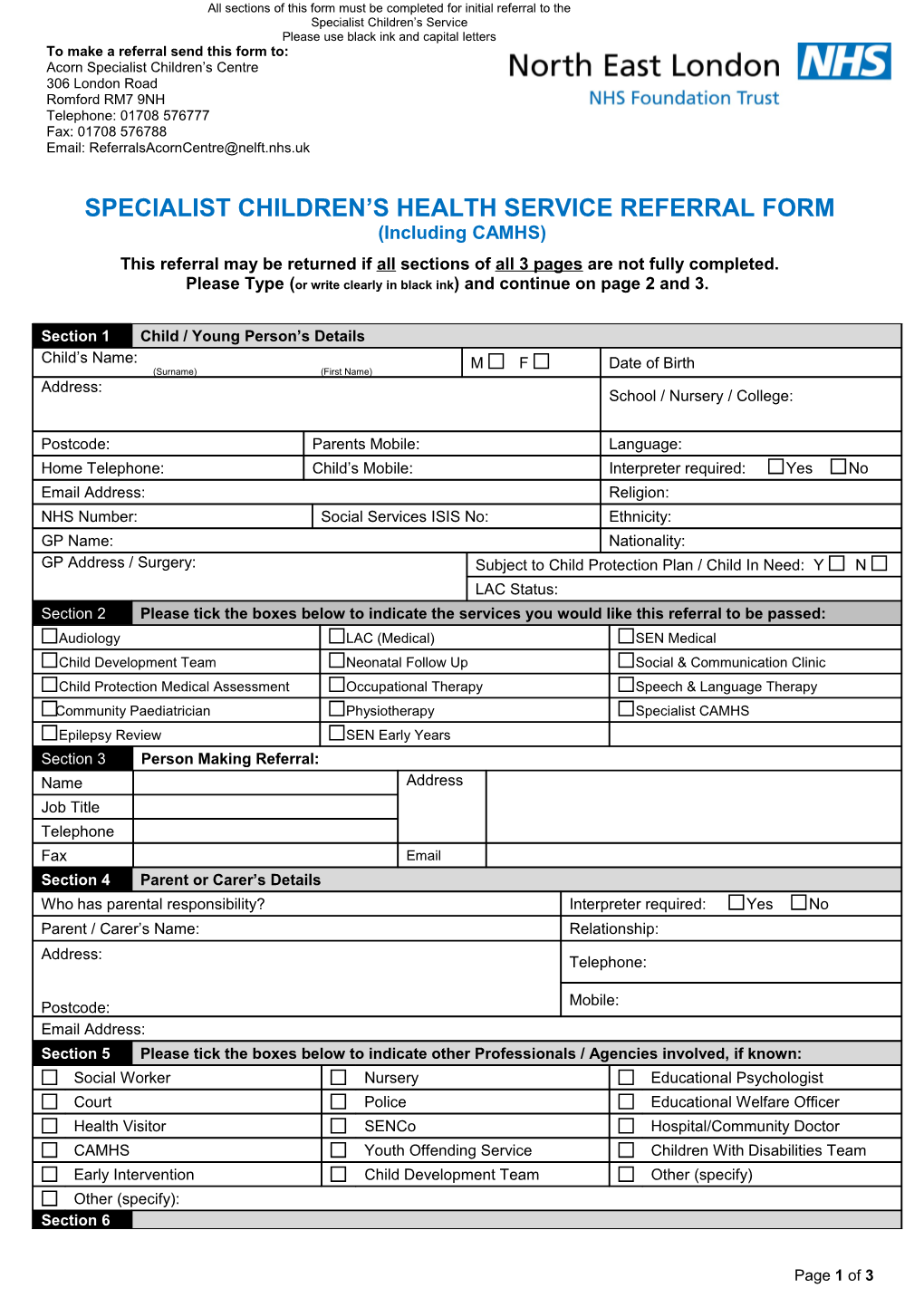 Specialist Children S Health Service Referral Form